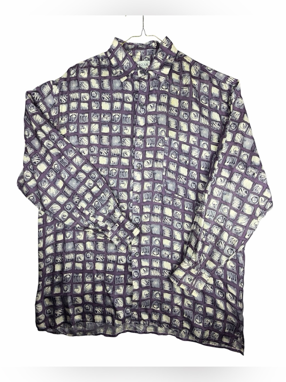 Vintage CEZAR Men's 100% Silk Woven Mosaic Geometric Purple White Long Sleeve L